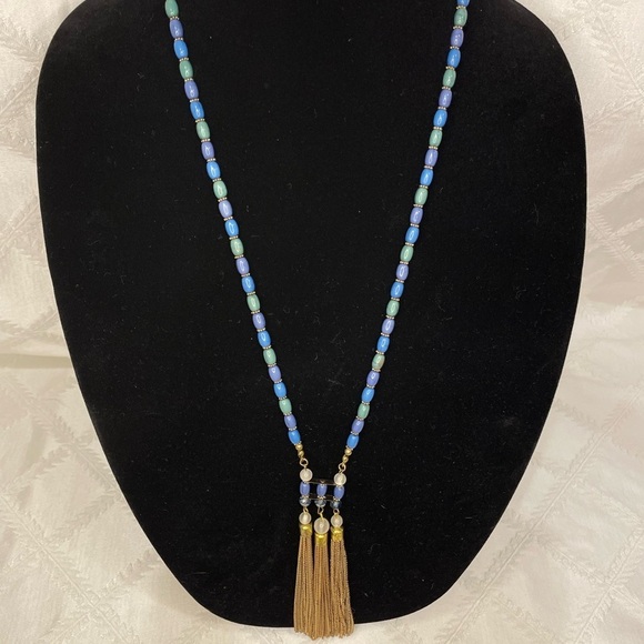 Elegant Blue and Gold Tone Beaded Necklace - Picture 1 of 3